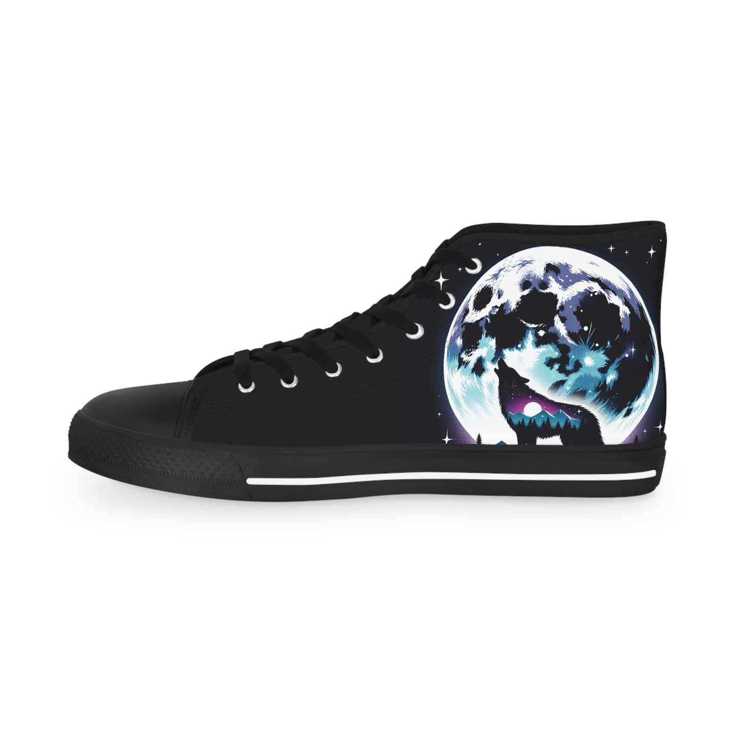 Wolf Howling at Full Moon Men's High Top Sneakers, Majestic Nature Design, Wilderness Ethereal Shoes, Lunar Wolf Sneakers, Galaxy Wolf