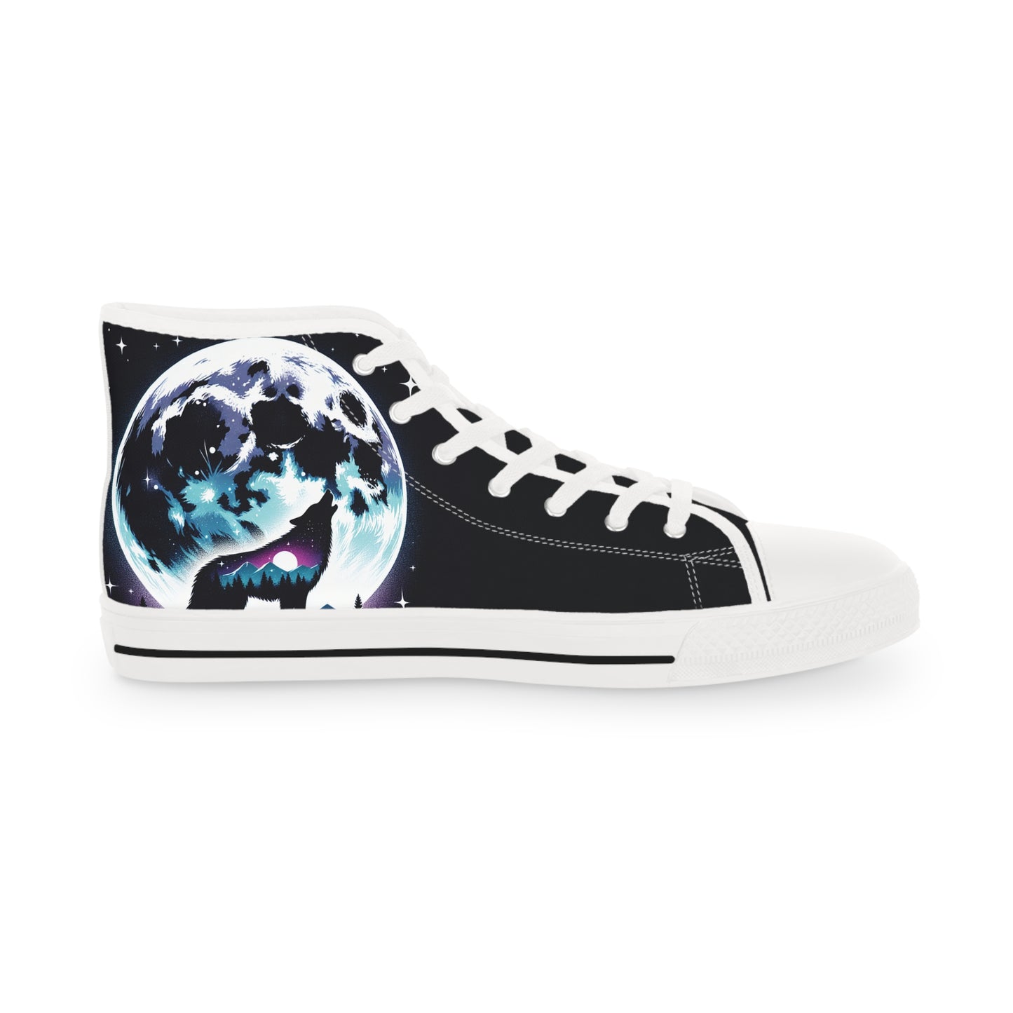 Wolf Howling at Full Moon Men's High Top Sneakers, Majestic Nature Design, Wilderness Ethereal Shoes, Lunar Wolf Sneakers, Galaxy Wolf