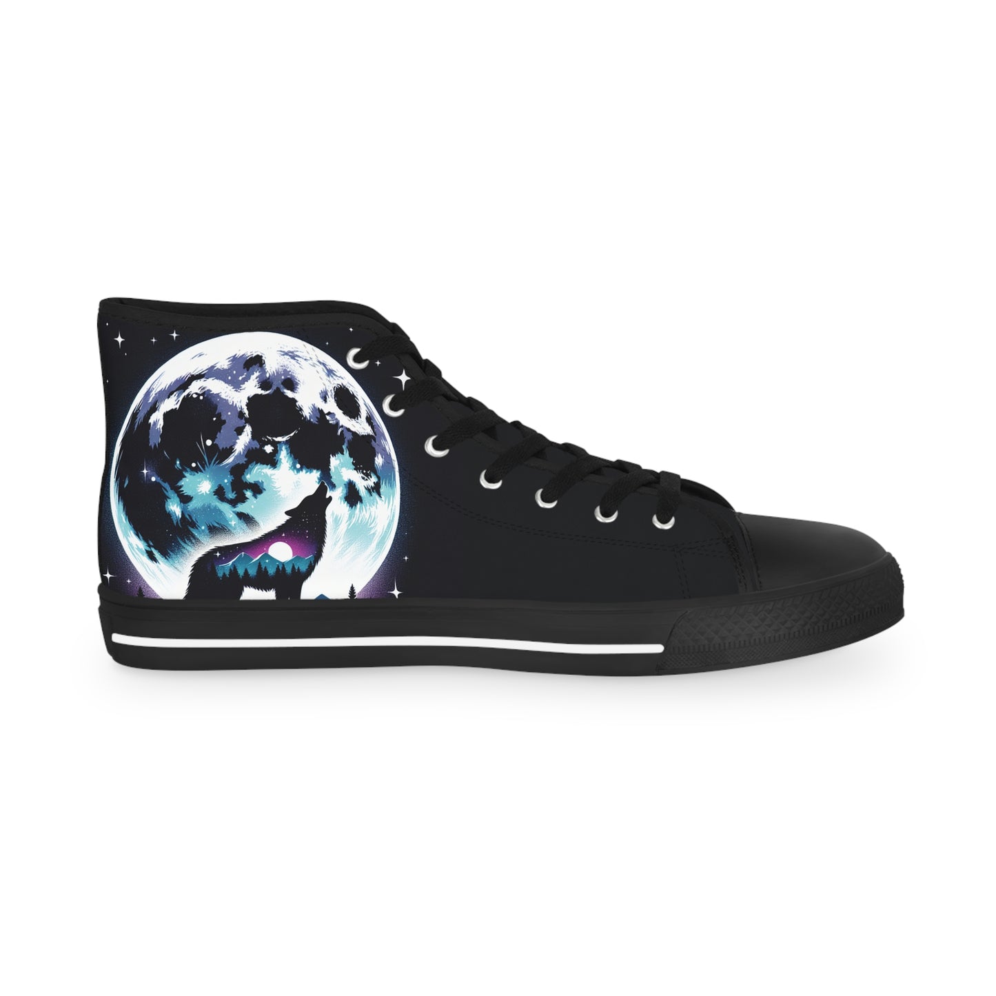 Wolf Howling at Full Moon Men's High Top Sneakers, Majestic Nature Design, Wilderness Ethereal Shoes, Lunar Wolf Sneakers, Galaxy Wolf