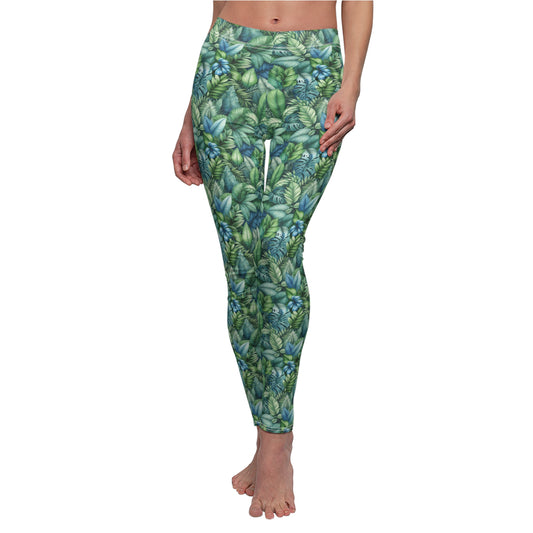 Tropical Leaf Watercolor Leggings – Vibrant Greens & Blues for Relaxed Style