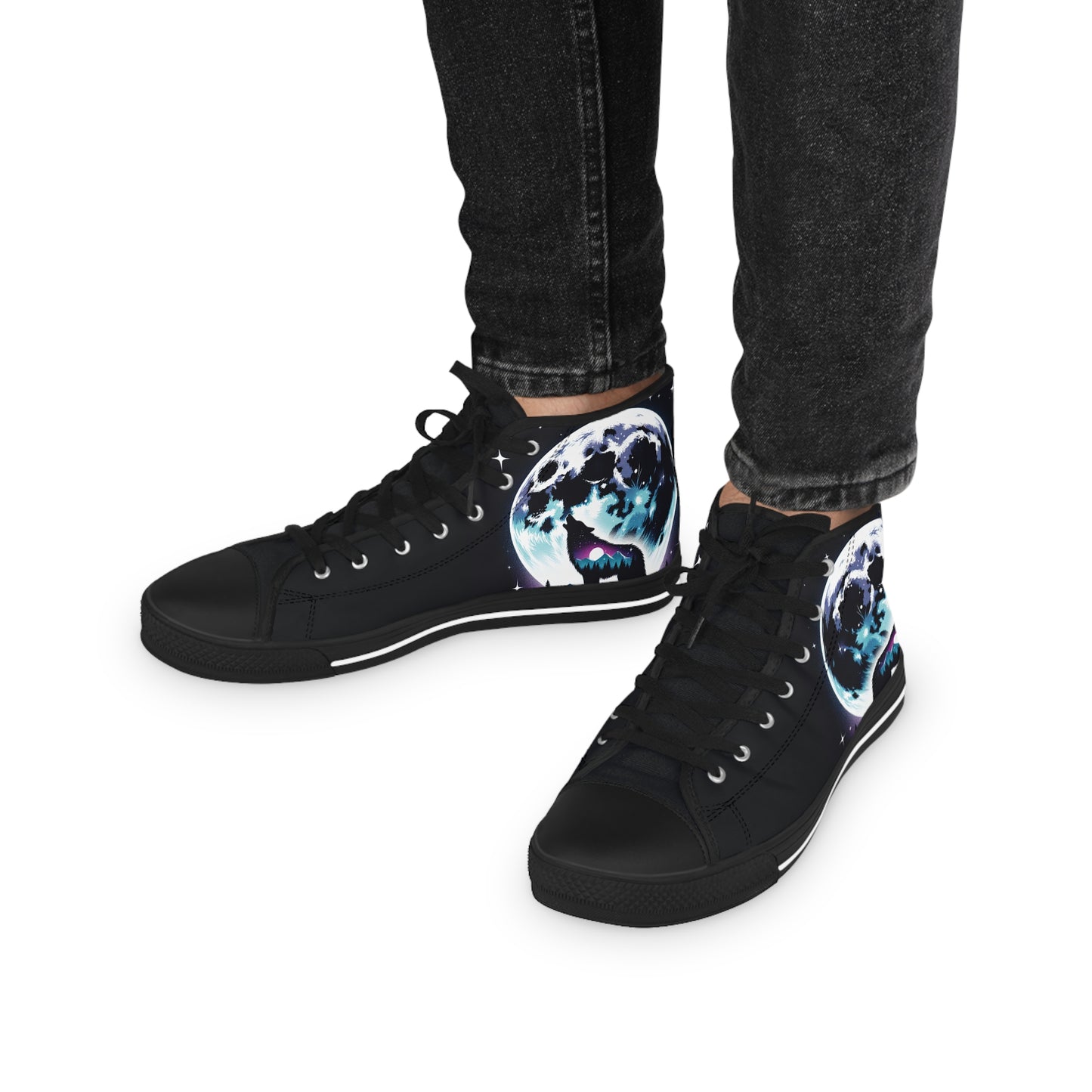 Wolf Howling at Full Moon Men's High Top Sneakers, Majestic Nature Design, Wilderness Ethereal Shoes, Lunar Wolf Sneakers, Galaxy Wolf